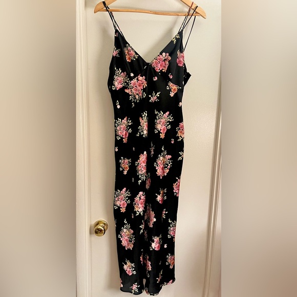 Zara Dresses & Skirts - ZARA Pink Floral Black Satin Maxi Dress